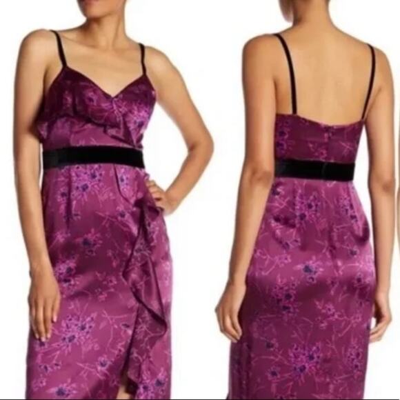 Cinq a Sept Lara Raspberry Multi Floral Silk Ruffle Purple V-neck Midi Dress - Picture 7 of 11